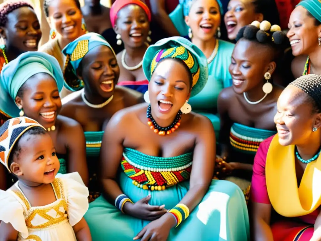 Un grupo de mujeres africanas vestidas con ropa tradicional participando en un ritual de nacimiento, transmitiendo tradiciones