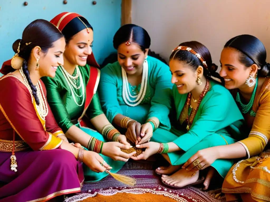 Un grupo de mujeres bereberes preparándose para una boda tradicional, aplicando henna y vistiendo trajes vibrantes