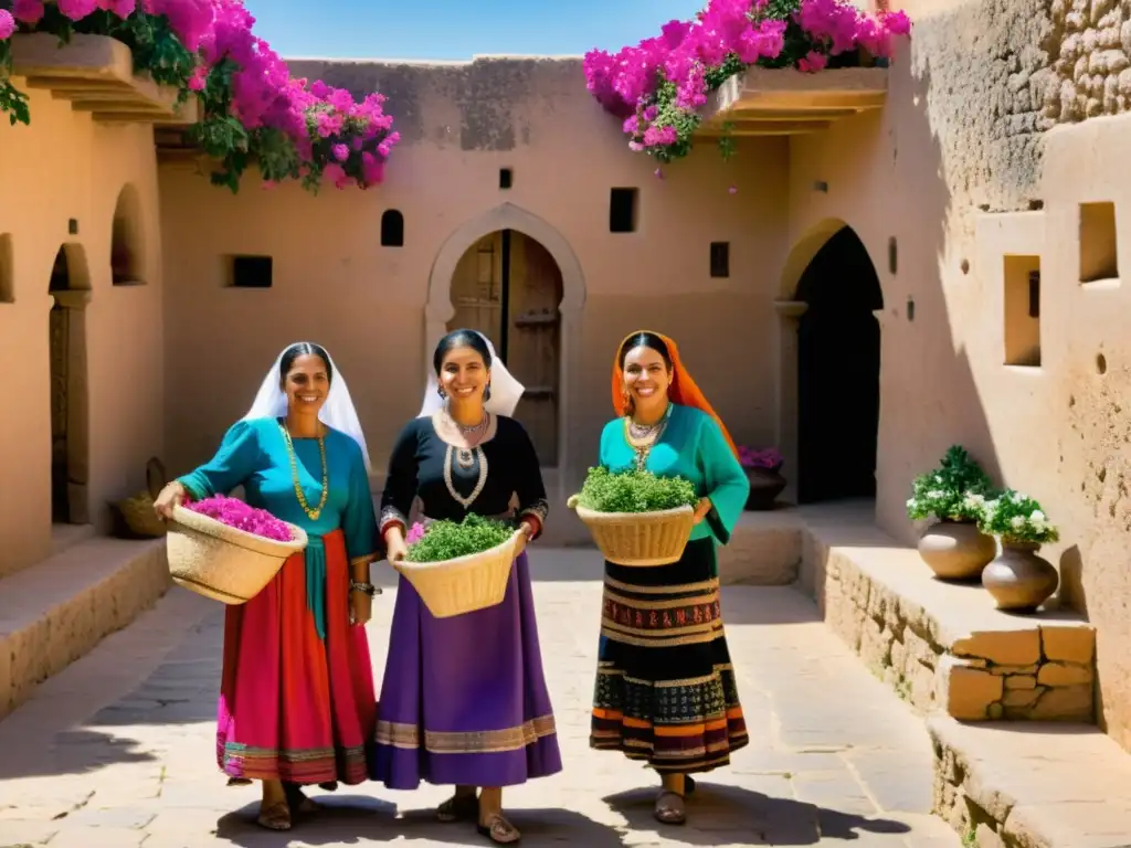 Grupo de mujeres bereberes con trajes tradicionales, joyas, cestas de flores y hierbas en un patio soleado rodeado de buganvilias y muros antiguos