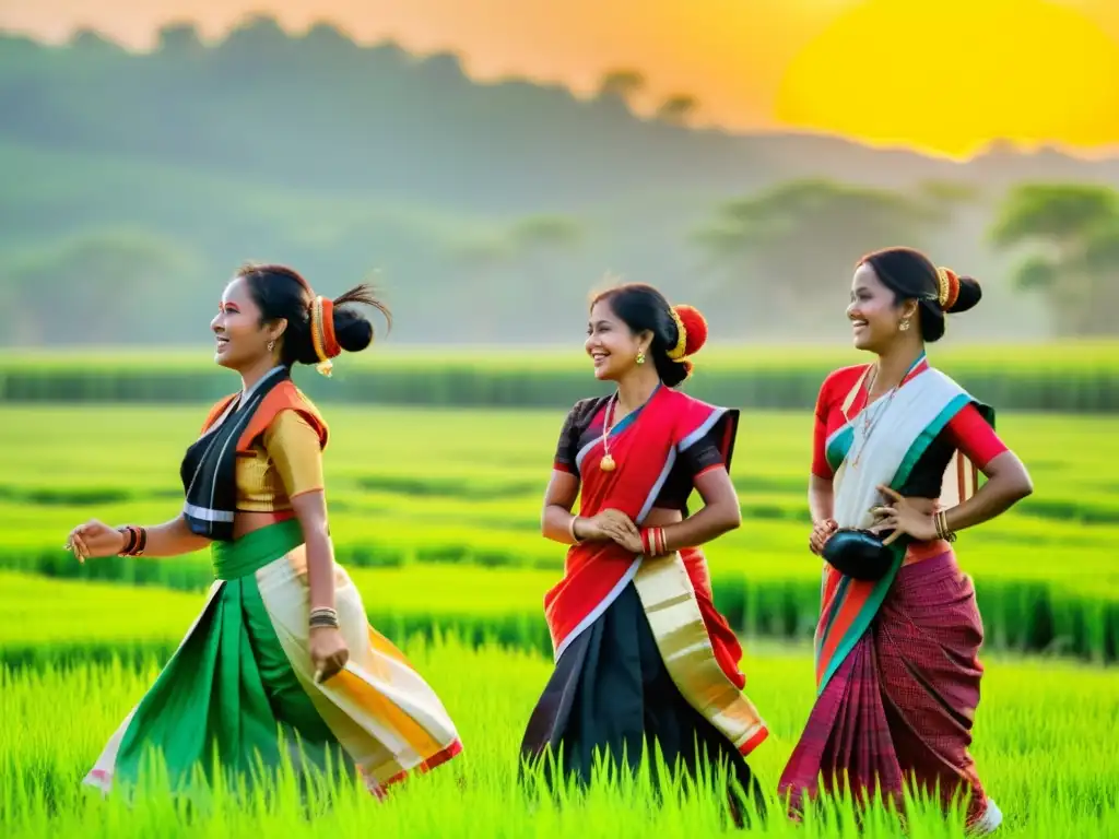 Grupo de mujeres Assamese danzando el Bihu en un campo de arroz, reflejando el origen y significado del festival Bihu