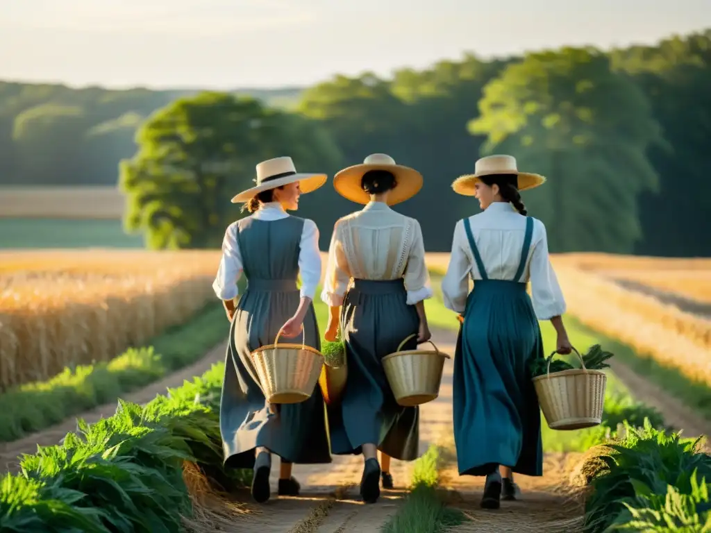 Grupo de mujeres Amish caminando por un campo soleado, vistiendo vestidos hechos a mano y sombreros de paja