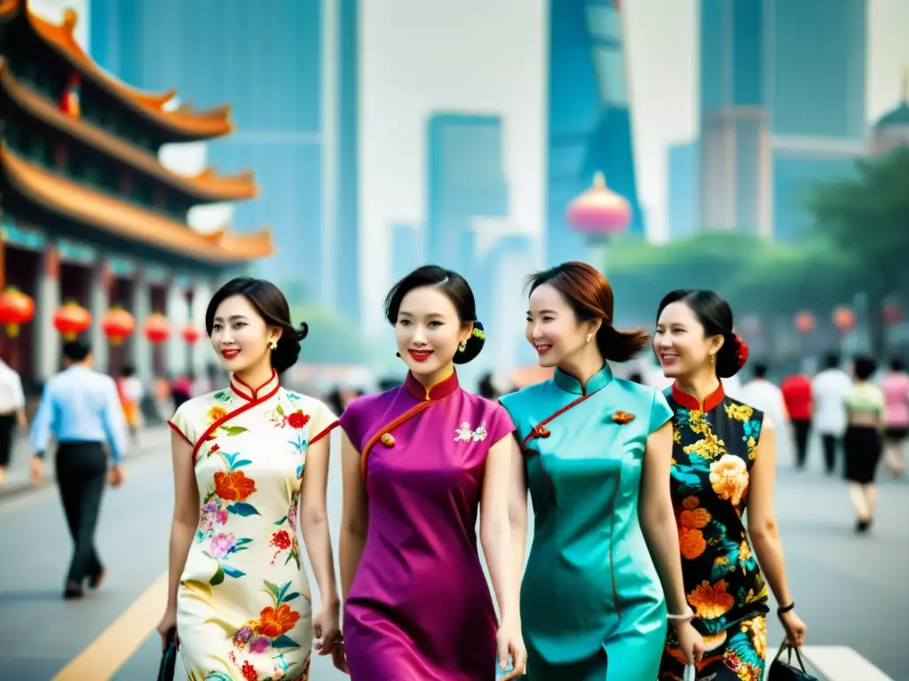 Un grupo de mujeres chinas viste elegantes cheongsam, caminando por las bulliciosas calles de Shanghai, con modernos rascacielos de fondo