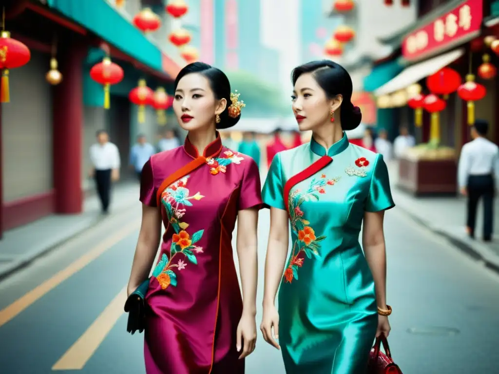 Grupo de mujeres chinas modernas luciendo qipaos, mostrando la evolución del qipao en la moda china en un bullicioso paisaje urbano