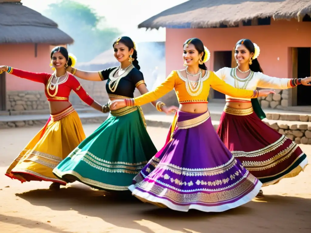 Un grupo de mujeres bailando la colorida Danza Ghagra Choli en una plaza de pueblo en la India rural, con bordados y espejos brillantes