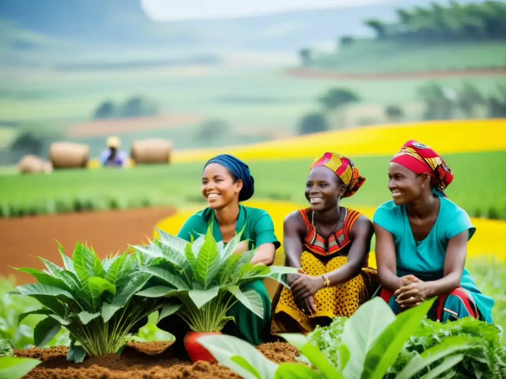 Grupo de mujeres de una comunidad africana francófona interactuando con la naturaleza a través de prácticas culturales tradicionales