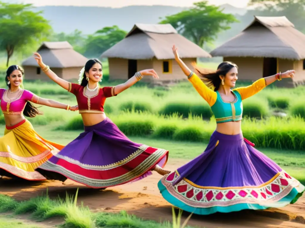 Grupo de mujeres bailando danza Ghagra Choli en un campo soleado de la India rural, con faldas coloridas ondeando y expresiones de alegría