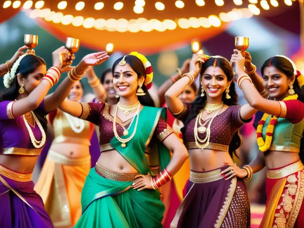 Grupo de mujeres celebrando con danzas y trajes tradicionales en el vibrante Festival Navaratri India, iluminado por lámparas de aceite