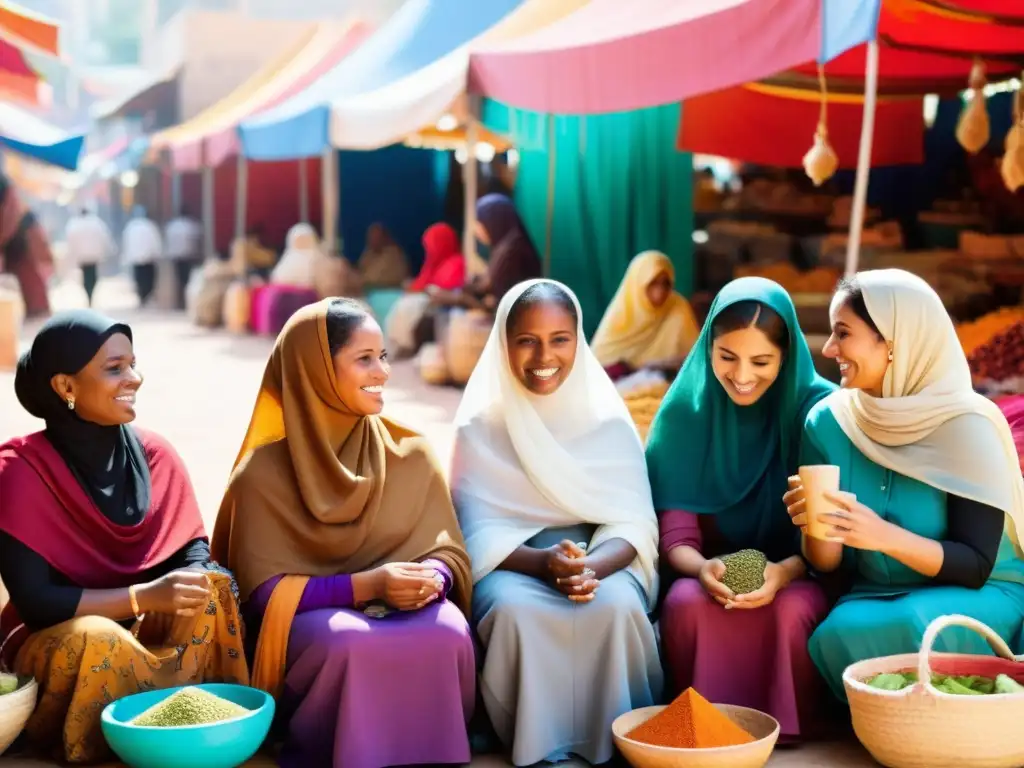 Grupo de mujeres emprendedoras en un bullicioso mercado, discutiendo negocios y empoderamiento