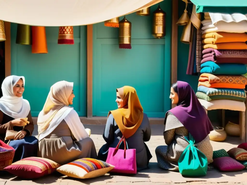 Un grupo de mujeres emprendedoras en un bullicioso mercado, interactuando con vendedores locales y exhibiendo textiles y artesanías coloridas