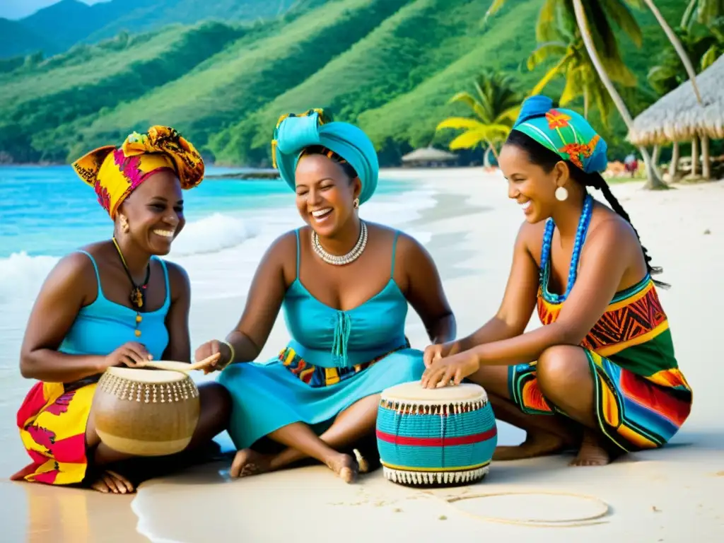 Grupo de mujeres Garífuna en la playa, vistiendo trajes tradicionales coloridos, tejiendo y tocando tambores