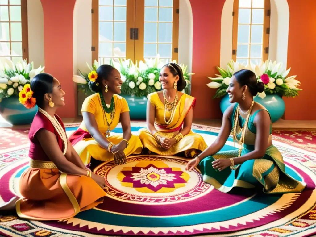 Grupo de mujeres bailando con gracia y alegría en un ritual de bodas en Medio Oriente, rodeadas de coloridas decoraciones y vestimenta tradicional