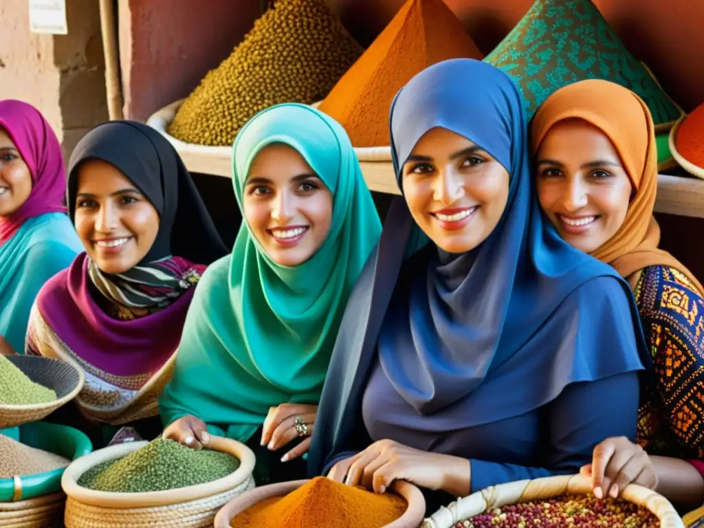 Grupo de mujeres con hijabs y joyería tradicional del Magreb, destacando la importancia de la mujer en las costumbres islámicas de la región