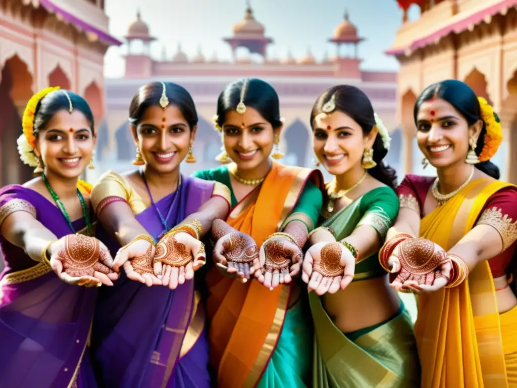 Un grupo de mujeres indias vistiendo coloridos saris participando en una festividad tradicional, reflejando el significado del sari en India