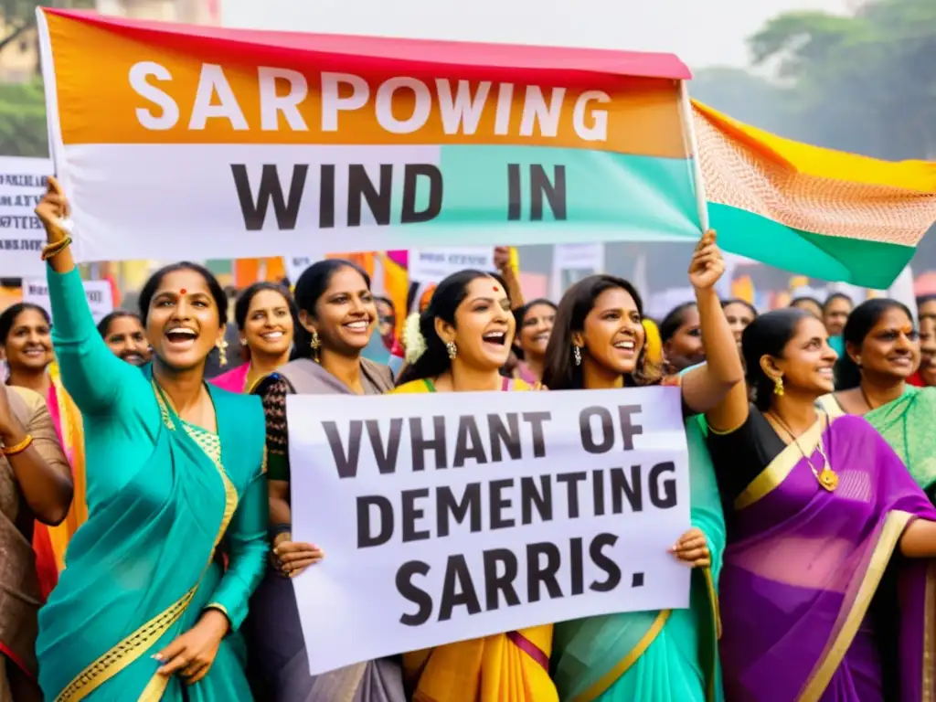 Un grupo de mujeres indias lleva coloridos saris en una manifestación con letreros inspiradores