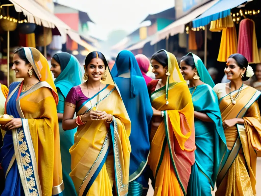 Un grupo de mujeres indias viste coloridos saris en un bullicioso mercado, destacando el significado del sari en India