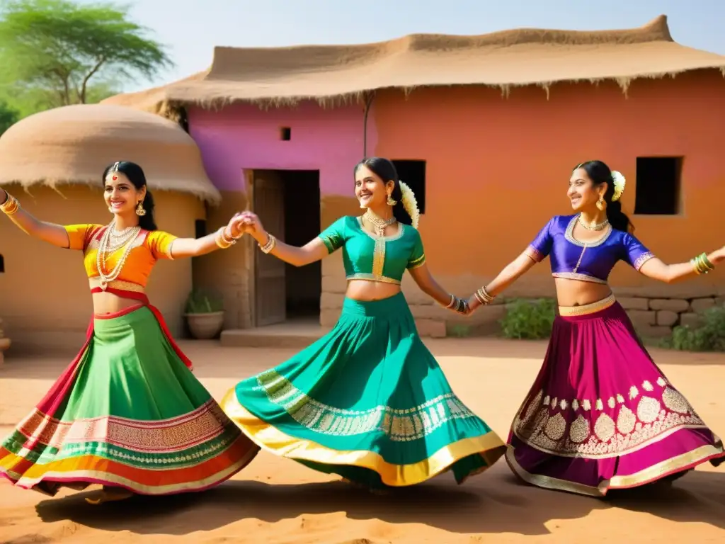 Grupo de mujeres indias rurales danzando con gracia en un campo soleado, luciendo coloridos trajes Ghagra Choli