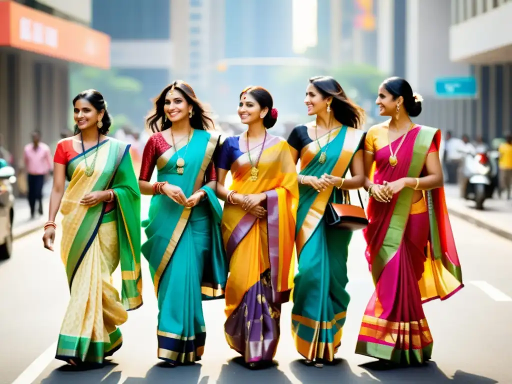 Un grupo de mujeres indias con vibrantes saris caminan por una bulliciosa calle de la ciudad, fusionando moda india y tendencias occidentales