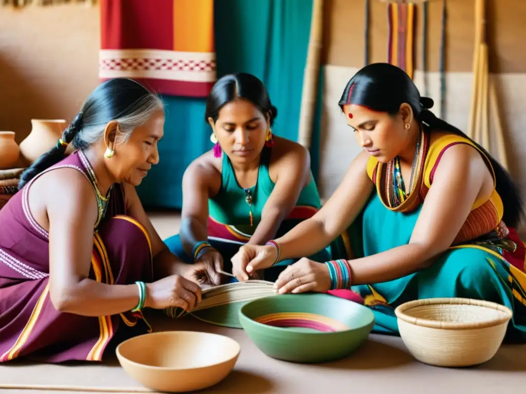 Un grupo de mujeres indígenas tejiendo arte étnico femenino en una atmósfera de celebración y tradición multicultural