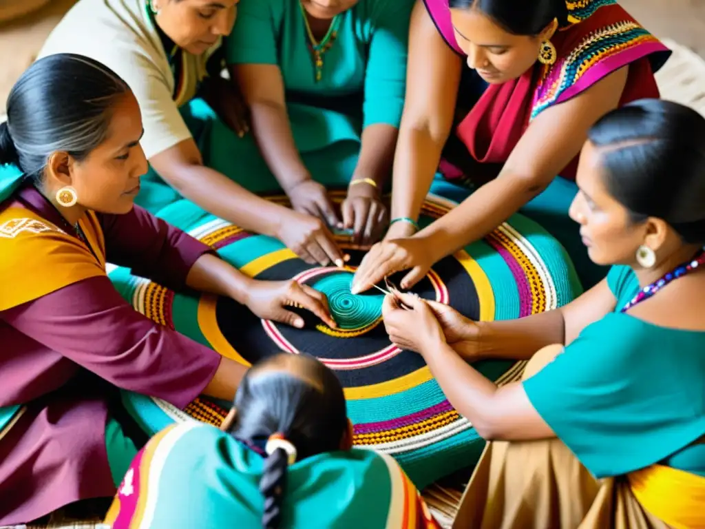 Grupo de mujeres indígenas celebrando su arte étnico femenino en galerías, tejiendo textiles coloridos con maestría ancestral