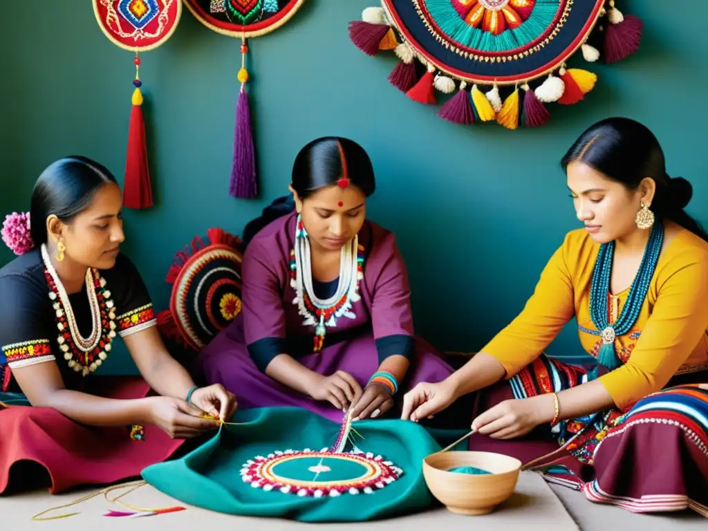 Un grupo de mujeres indígenas de diferentes culturas bordando con la técnica antigua de bordado en una danza de creatividad y significado cultural