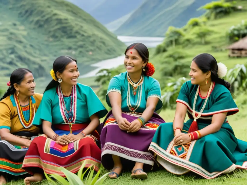 Un grupo de mujeres indígenas teje con destreza telas tradicionales, resaltando la importancia de la moda en su identidad cultural