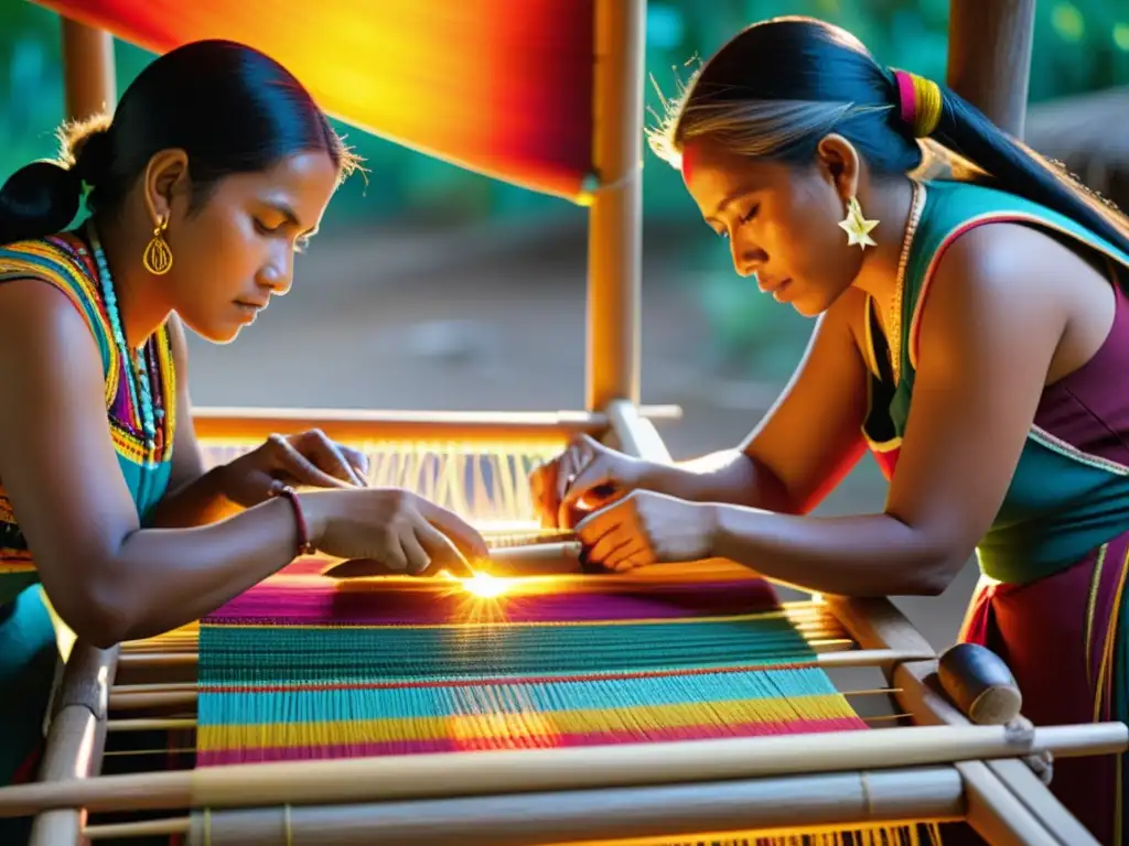 Un grupo de mujeres indígenas teje con habilidad patrones coloridos en un telar grande, rodeadas de materiales naturales