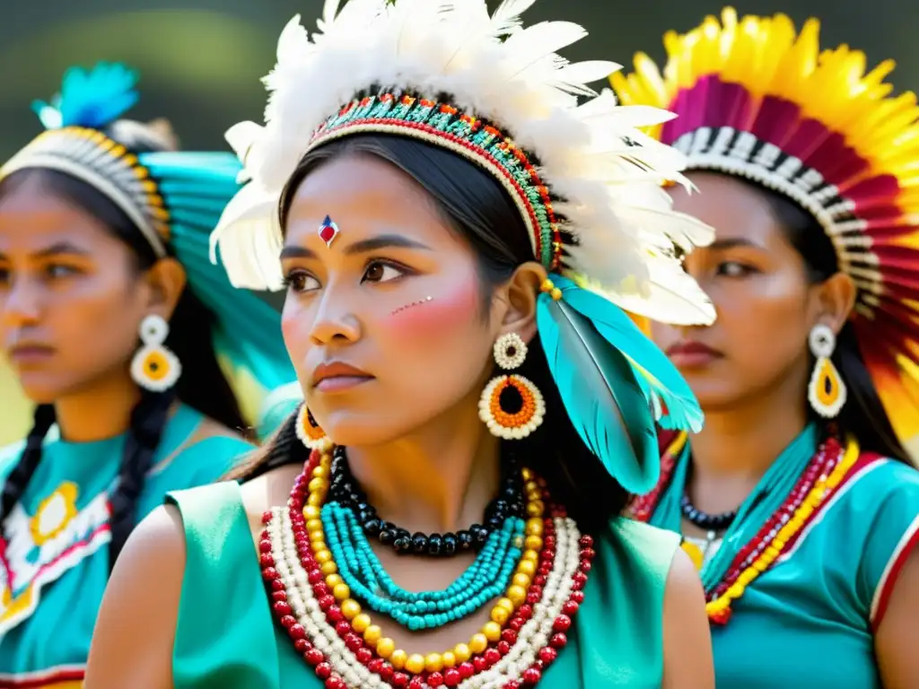 Grupo de mujeres indígenas mexicanas con tocados de plumas, bordados y telas vibrantes en una ceremonia tradicional