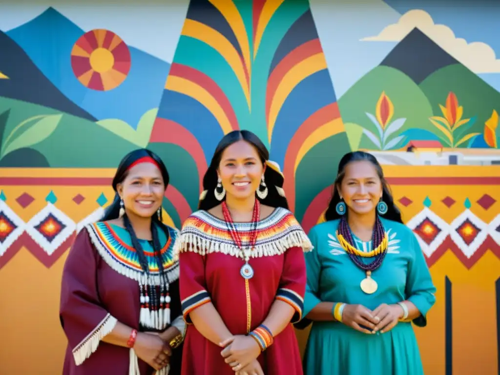 Grupo de mujeres indígenas con moda étnica en el cine, frente a mural que celebra su historia y tradiciones, mostrando fuerza y gracia