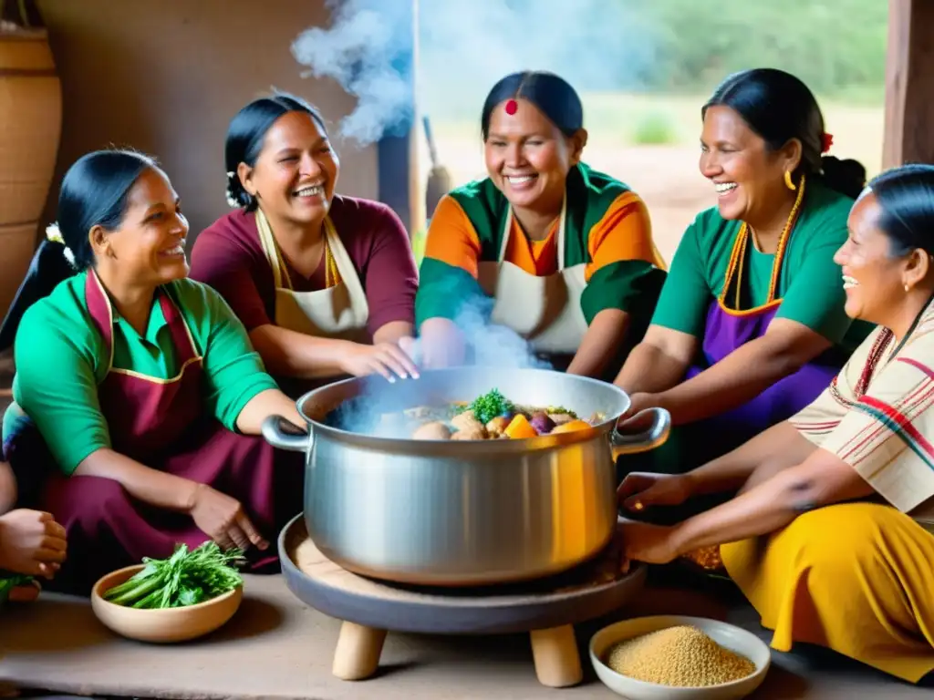 Grupo de mujeres indígenas disfrutando de recetas ancestrales en entorno natural, transmitiendo patrimonio cultural con orgullo