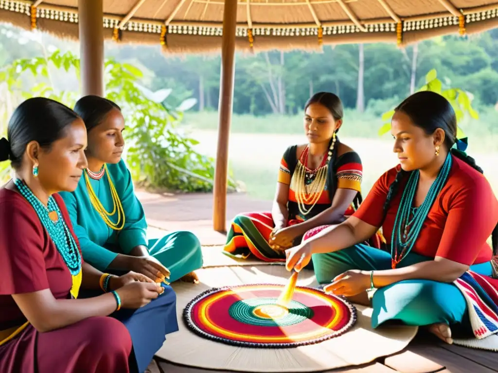 Grupo de mujeres indígenas tejiendo textiles coloridos en celebración de su arte étnico femenino en galerías