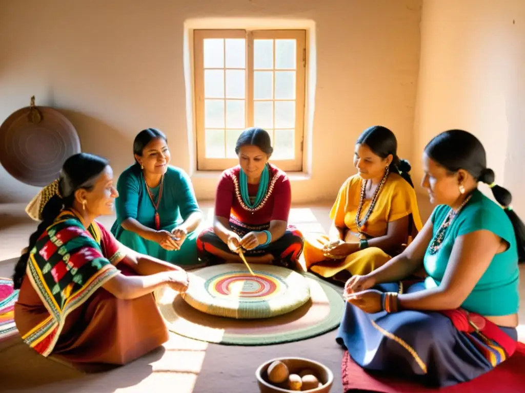 Un grupo de mujeres indígenas tejen textiles coloridos en una habitación llena de arte étnico femenino, celebrando su cultura con destreza artesanal