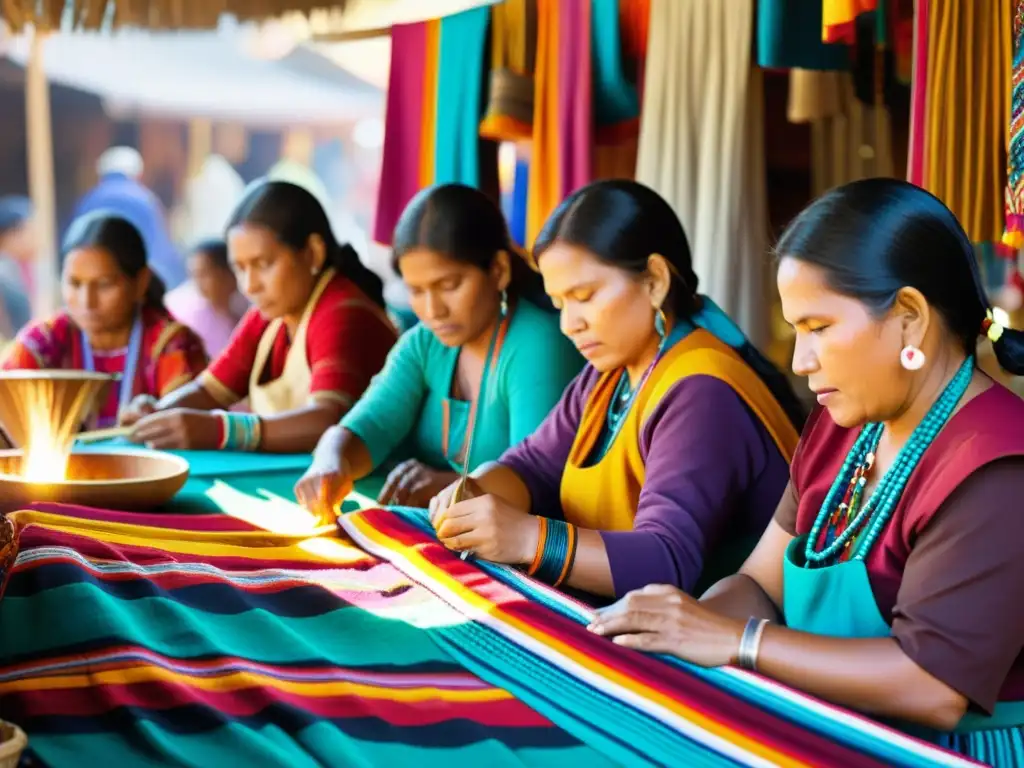 Grupo de mujeres indígenas tejiendo textiles en un mercado, evocando orgullo y tradición en la celebración del arte étnico femenino