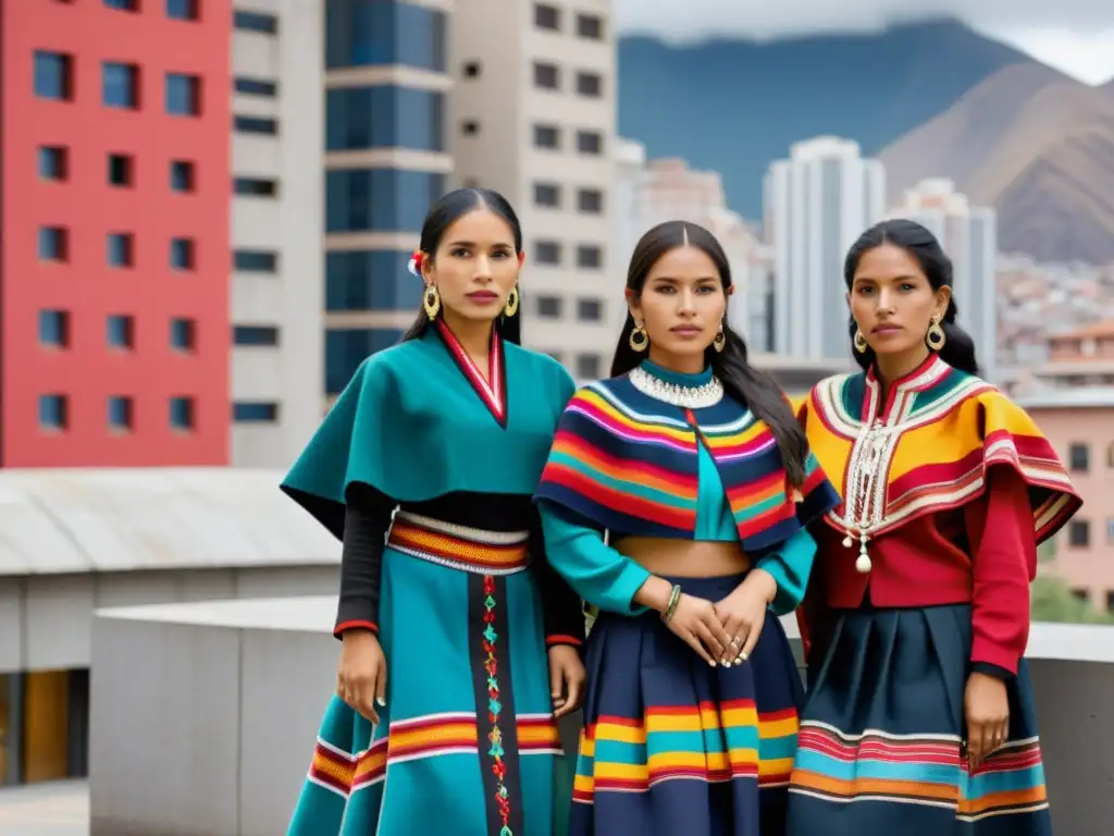 Grupo de mujeres indígenas con trajes típicos fusionados en la moda contemporánea, contrastando con la arquitectura urbana moderna