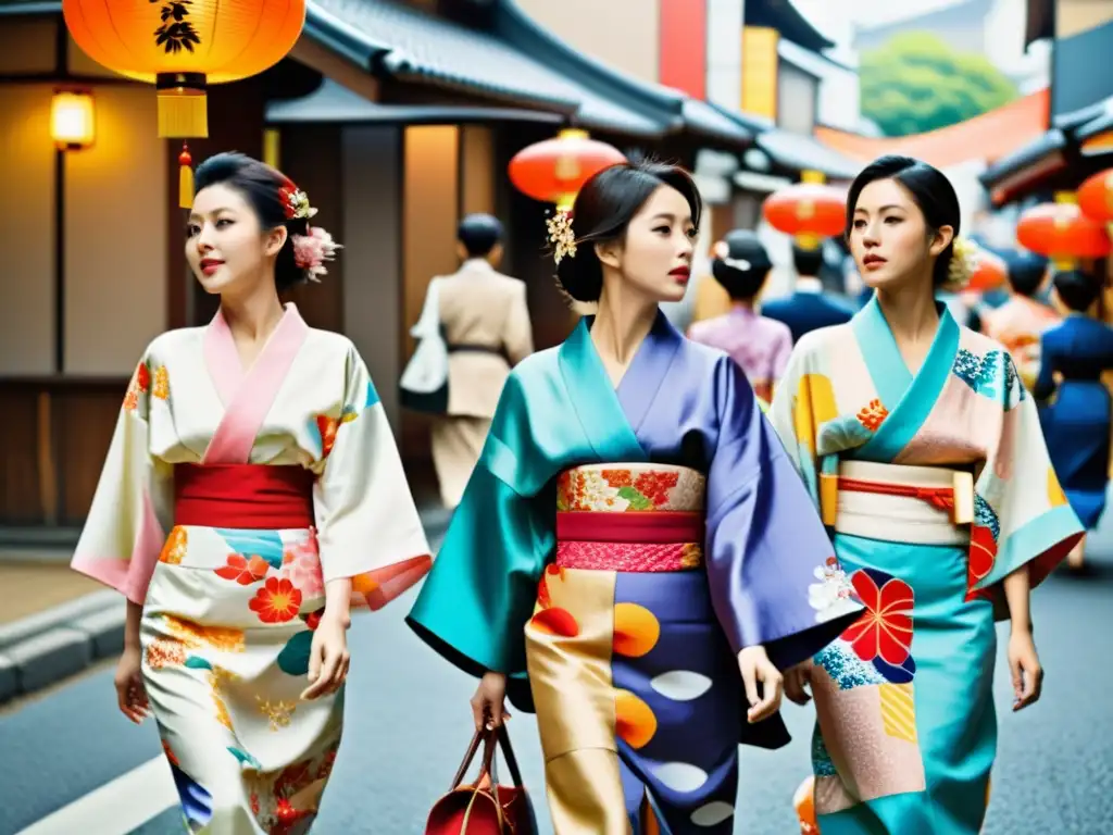 Un grupo de mujeres japonesas pasea por la bulliciosa ciudad luciendo hermosos kimonos, fusionando moda tradicional japonesa kimono con el dinamismo urbano