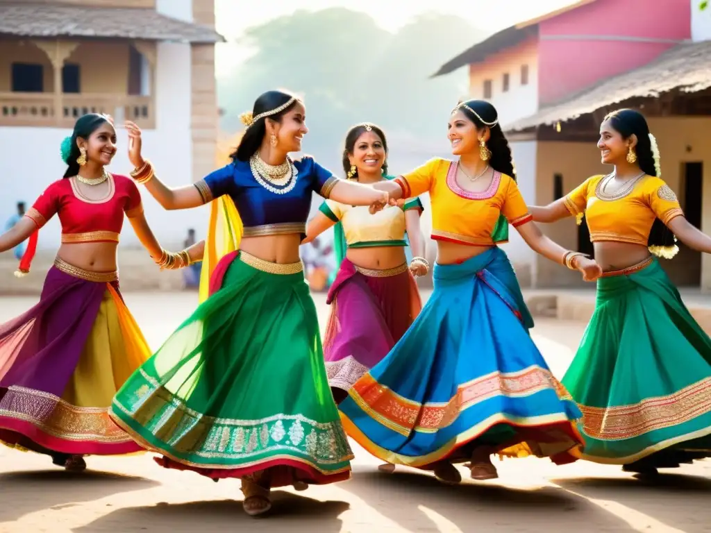 Un grupo de mujeres jóvenes danzando con gracia y alegría en una plaza rural de la India, vistiendo coloridos trajes ghagra choli