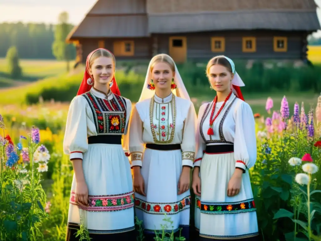 Un grupo de mujeres jóvenes en sarafanes tradicionales eslavos, en un campo soleado con flores silvestres coloridas y un pueblo rústico al fondo