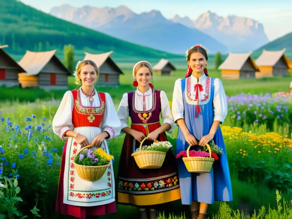 Un grupo de mujeres jóvenes vistiendo sarafanes coloridos, trajes folclóricos rusos, en un campo soleado con un pueblo rústico de madera al fondo