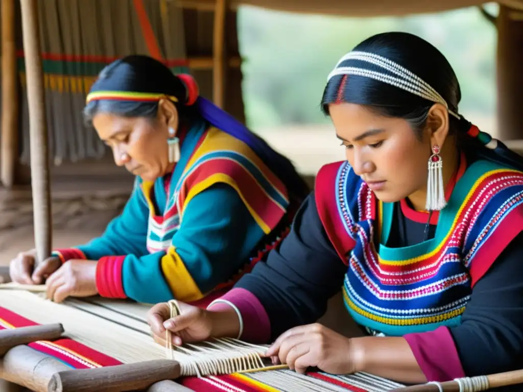 Un grupo de mujeres Mapuche tejen telares con patrones vibrantes en medio de la naturaleza chilena, reflejando su identidad y resistencia cultural