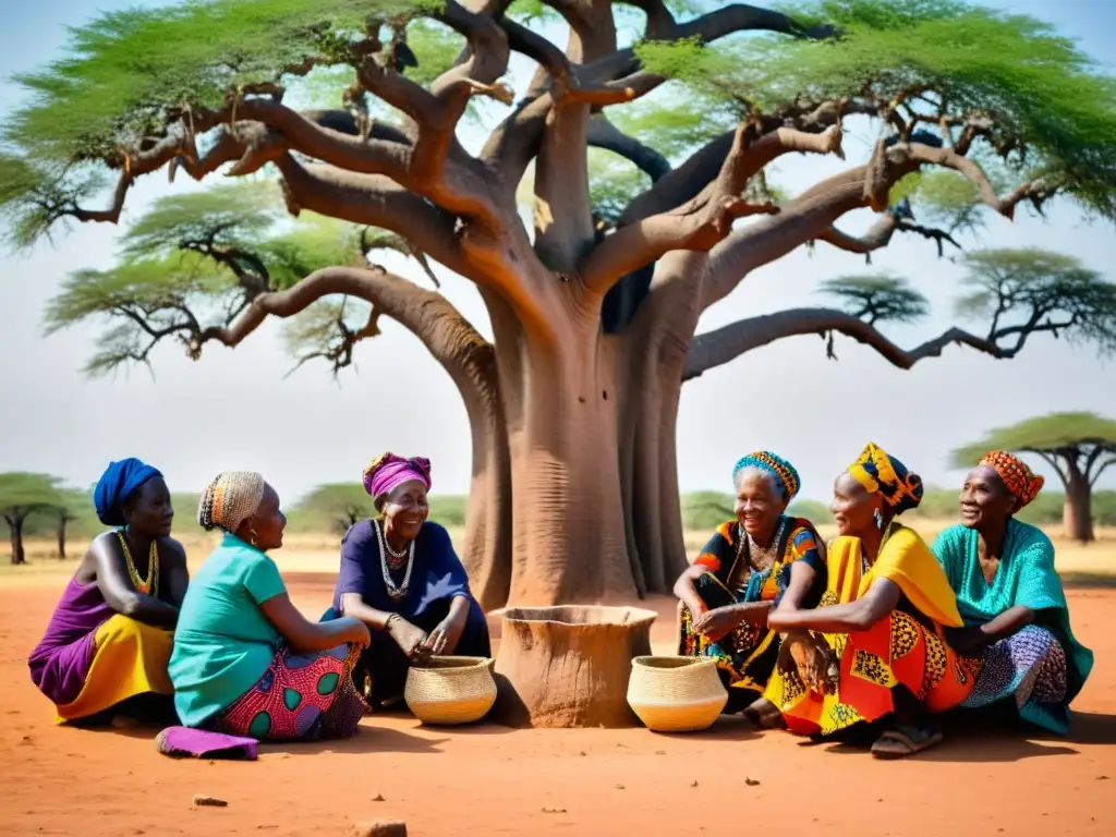 Un grupo de mujeres mayores teje cestas bajo un baobab en África Francófona, reflejando prácticas y tradiciones en la región