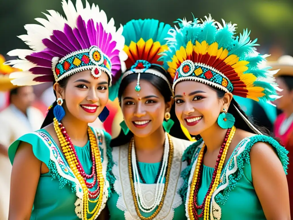 Grupo de mujeres mexicanas usando coloridos tocados tradicionales, destacando la significación cultural de los tocados mexicanos