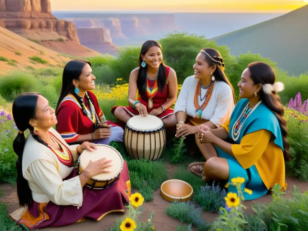 Grupo de Mujeres en la música tradicional tocando instrumentos rodeadas de naturaleza exuberante al atardecer