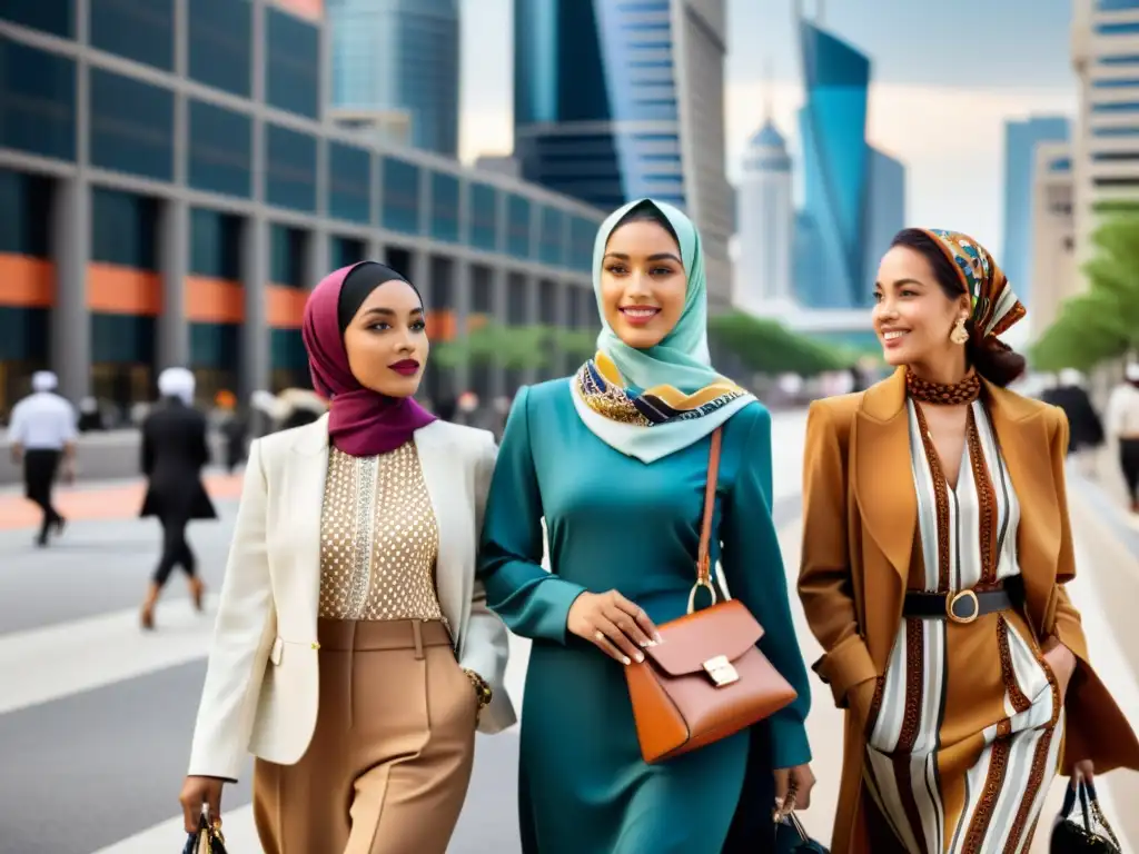 Un grupo de mujeres musulmanas caminando con confianza por la bulliciosa calle urbana, luciendo moda modesta en colores vibrantes y elegantes