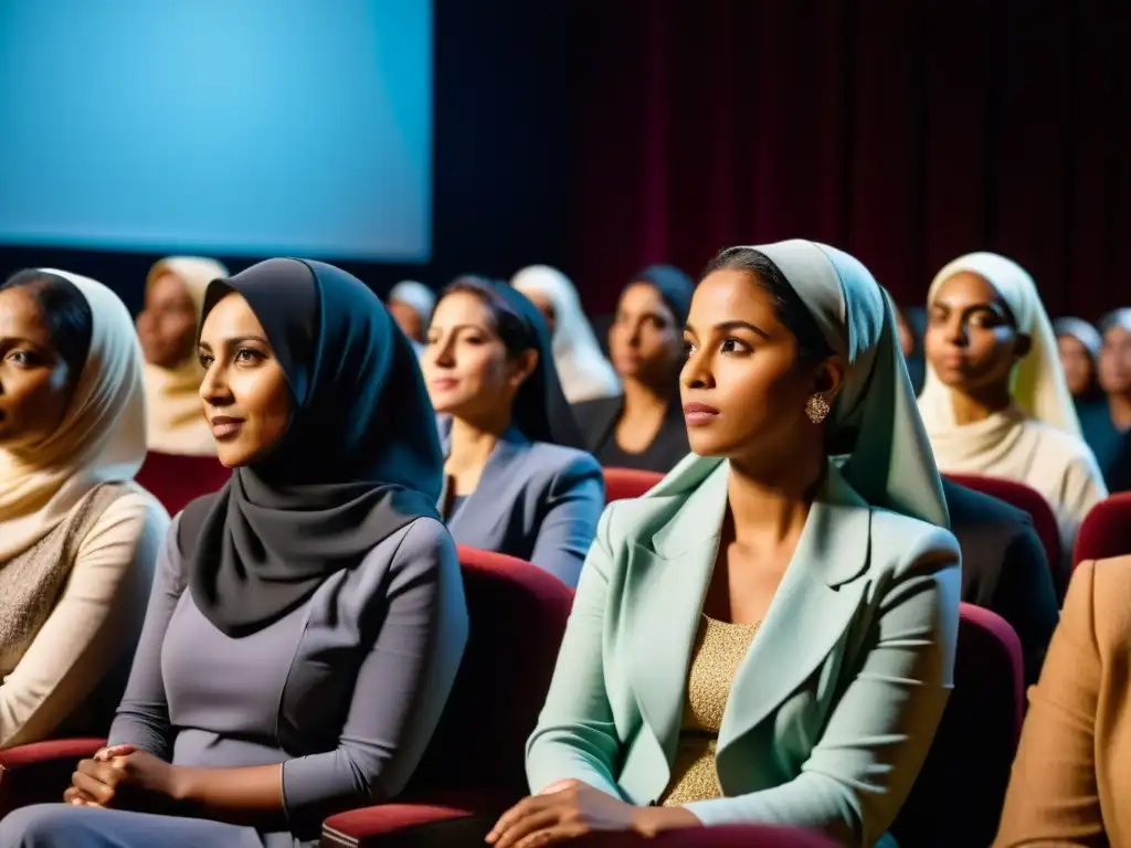 Un grupo de mujeres musulmanas diversas observa con emoción una película en el cine, reflejando la representación de la mujer musulmana en el cine