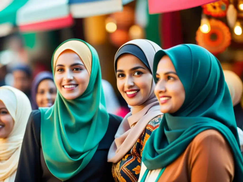 Un grupo de mujeres musulmanas con hijabs hablan animadamente en un bullicioso mercado, transmitiendo empoderamiento y comunidad