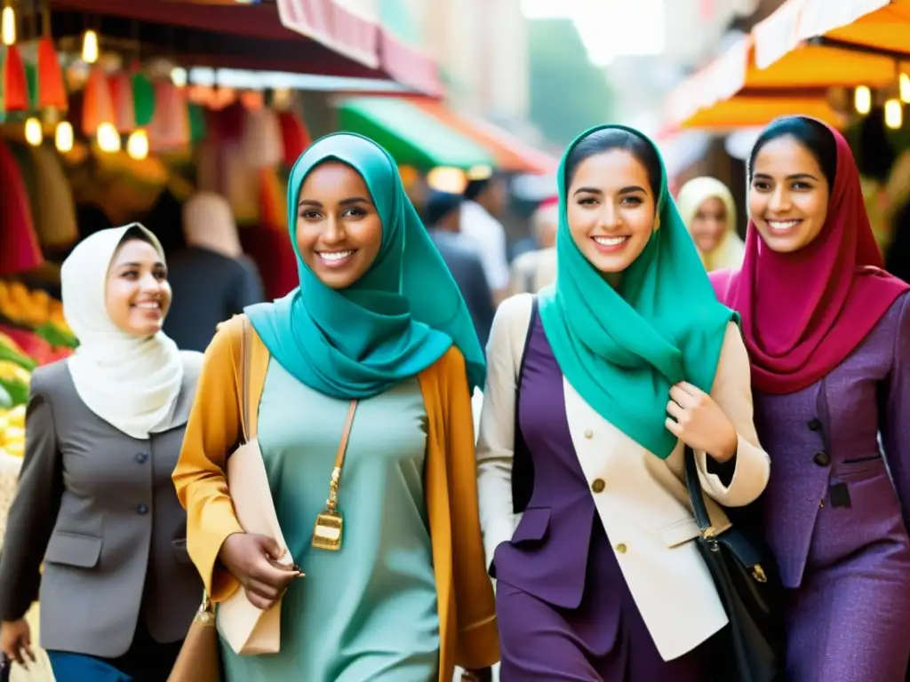 Un grupo de mujeres musulmanas jóvenes caminan por un mercado bullicioso en la ciudad, luciendo coloridos hijabs y ropa modesta