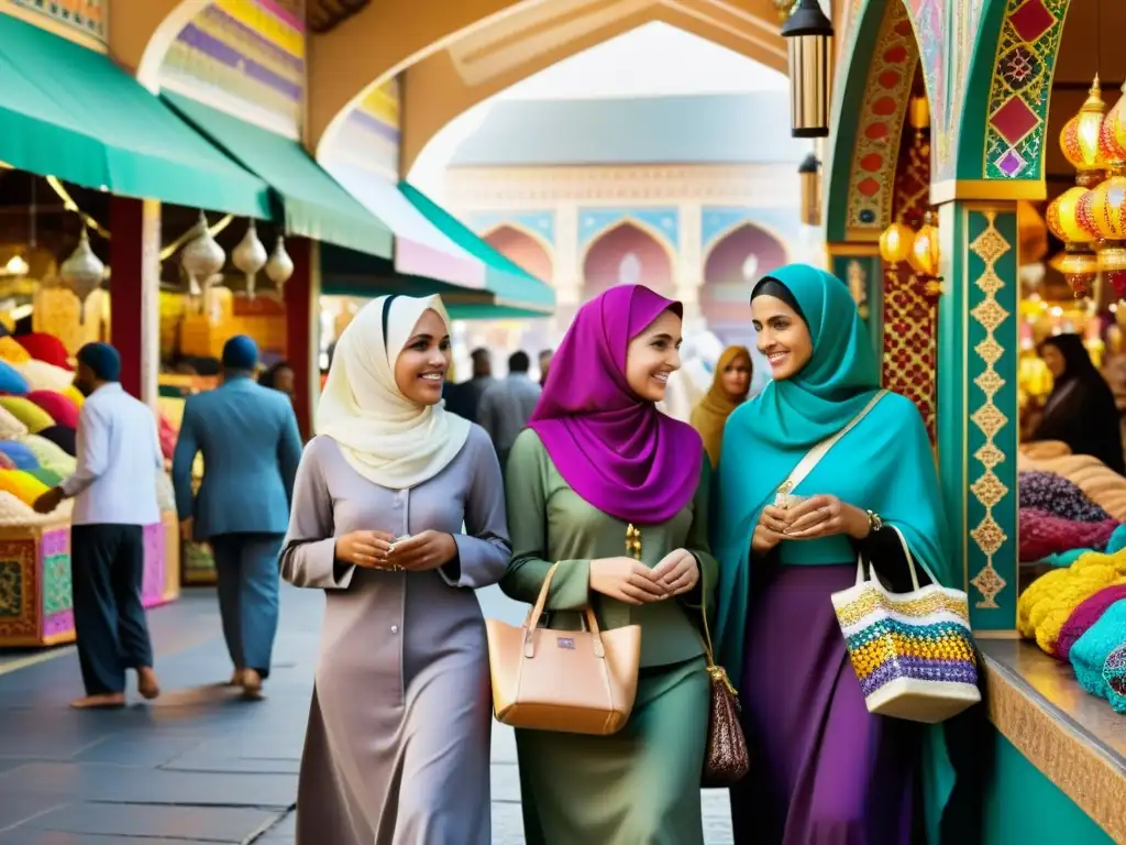 Grupo de mujeres musulmanas en mercado animado, mostrando rol activo en sociedad islámica