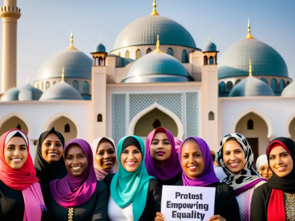 Grupo de mujeres musulmanas con pañuelos coloridos, manifestando por la igualdad de género frente a una mezquita