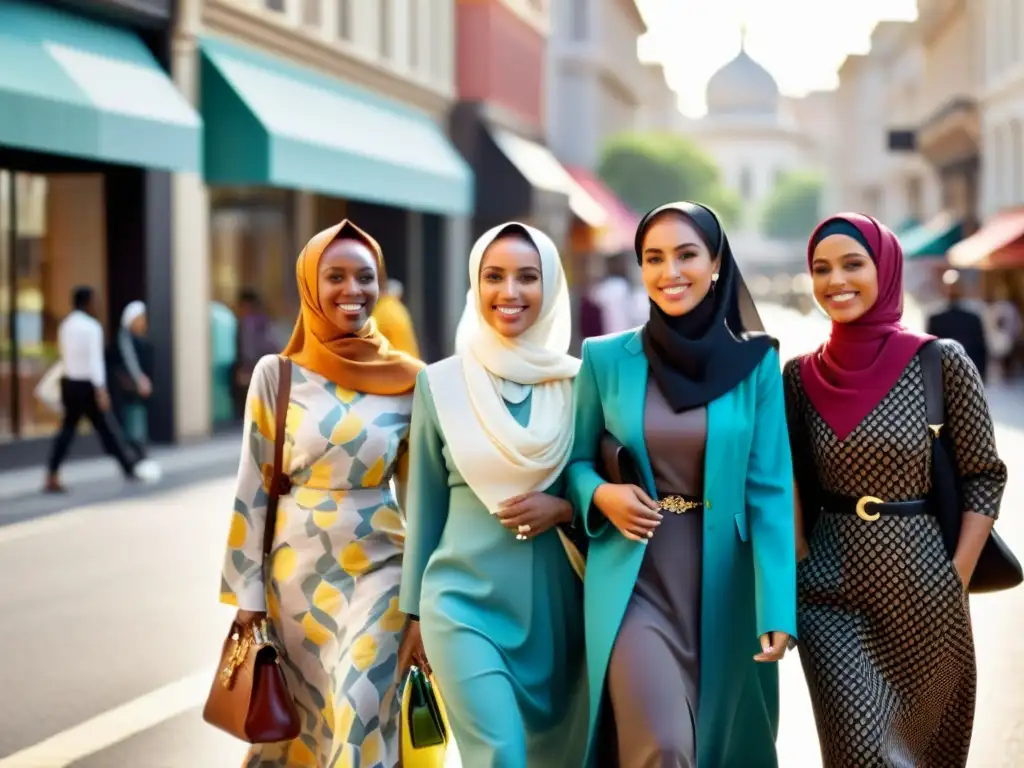 Un grupo de mujeres musulmanas seguras y elegantes caminan por la ciudad luciendo coloridos y elegantes conjuntos de moda modesta