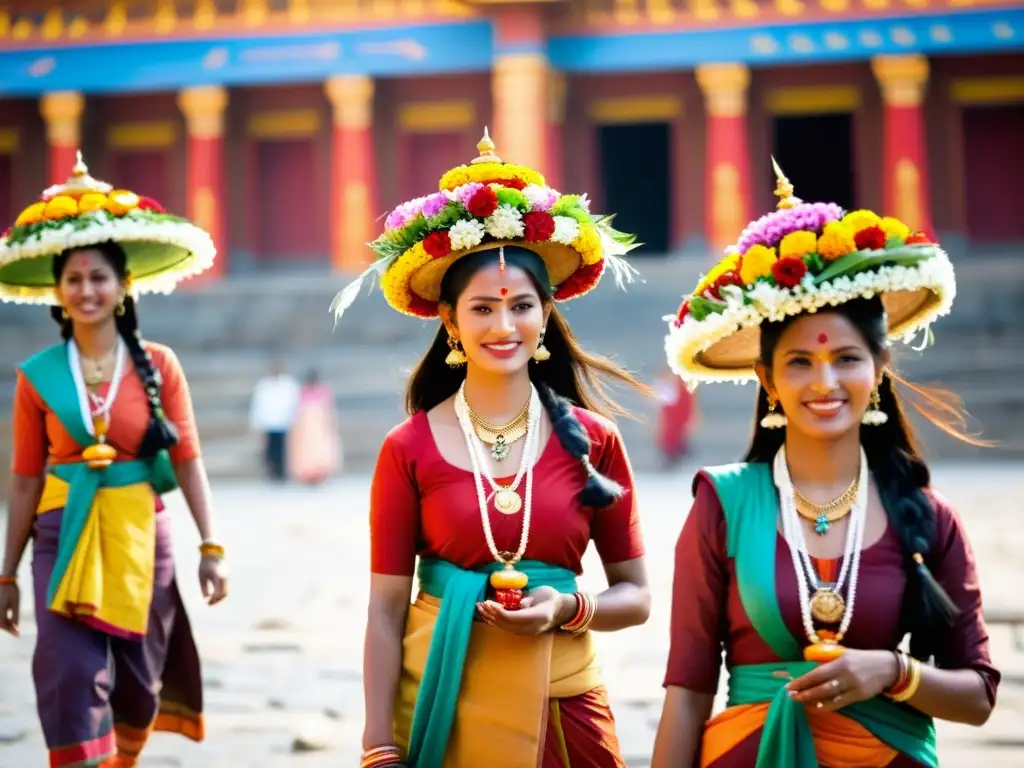 Un grupo de mujeres nepalesas en atuendos tradicionales vibrantes llevando ofrendas, camino a un templo sagrado durante el Festival Dasain en Nepal