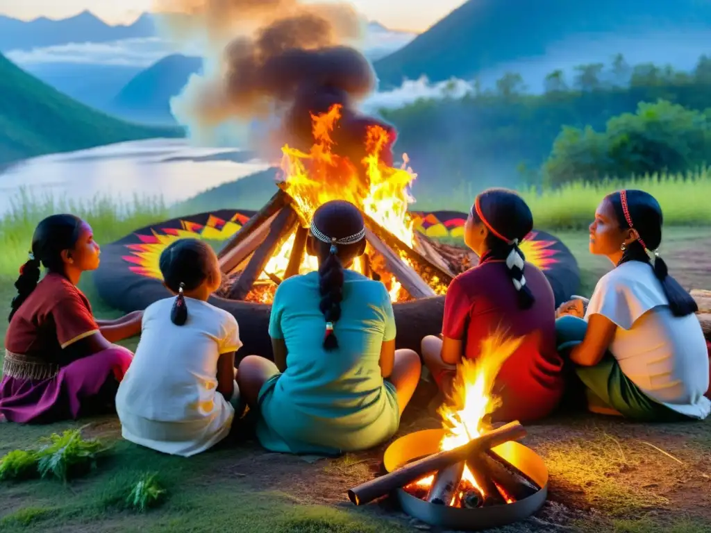 Un grupo de mujeres y niños indígenas se reúnen alrededor de un fuego en el bosque, participando en una ceremonia tradicional